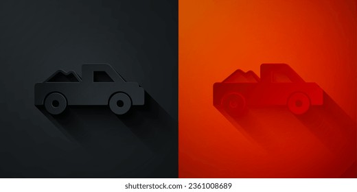 Paper cut Pickup truck icon isolated on black and red background. Paper art style. Vector