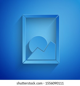 Paper cut Picture landscape icon isolated on blue background. Paper art style. Vector Illustration