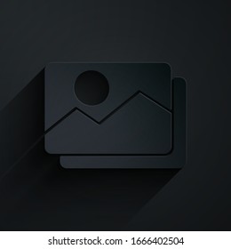 Paper cut Picture landscape icon isolated on black background. Paper art style. Vector Illustration