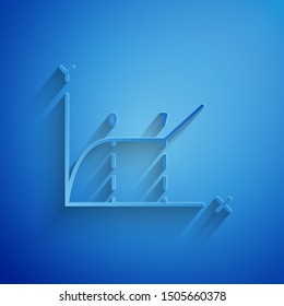 Paper cut Pie chart infographic icon isolated on blue background. Diagram chart sign. Paper art style. Vector Illustration