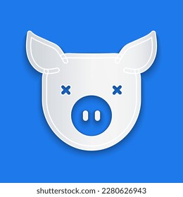 Paper cut Pig icon isolated on blue background. Animal symbol. Paper art style. Vector