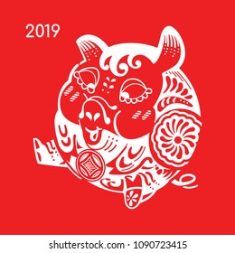 Paper cut pig zodiac vector art design for Chinese new year celebration on red background