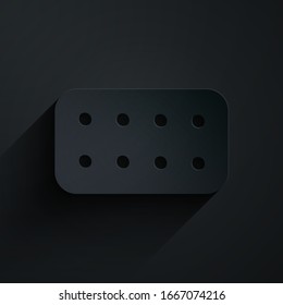 Paper cut Pills in blister pack icon isolated on black background. Medical drug package for tablet, vitamin, antibiotic, aspirin. Paper art style. Vector Illustration