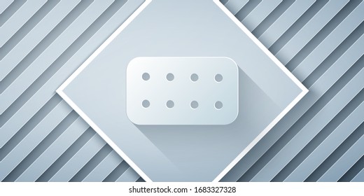 Paper cut Pills in blister pack icon isolated on grey background. Medical drug package for tablet, vitamin, antibiotic, aspirin. Paper art style. Vector Illustration