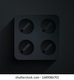 Paper cut Pills in blister pack icon isolated on black background. Medical drug package for tablet, vitamin, antibiotic, aspirin. Paper art style. Vector Illustration