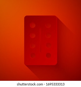 Paper cut Pills in blister pack icon isolated on red background. Medical drug package for tablet, vitamin, antibiotic, aspirin. Paper art style. Vector Illustration
