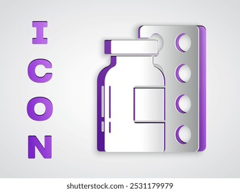 Paper cut Pills in blister pack icon isolated on grey background. Medical drug package for tablet, vitamin, antibiotic, aspirin. Paper art style. Vector