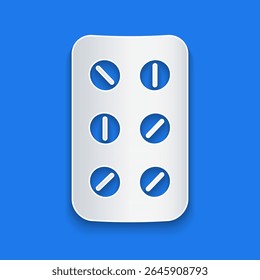 Paper cut Pills in blister pack icon isolated on blue background. Medical drug package for tablet, vitamin, antibiotic, aspirin. Paper art style. Vector