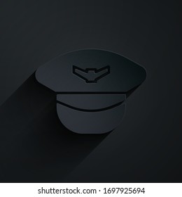 Paper cut Pilot hat icon isolated on black background. Paper art style. Vector Illustration