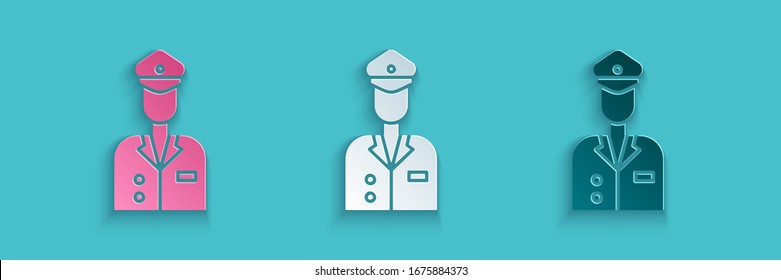 Paper cut Pilot icon isolated on blue background. Paper art style. Vector Illustration