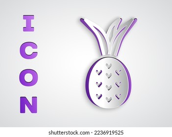 Paper cut Pineapple tropical fruit icon isolated on grey background. Paper art style. Vector