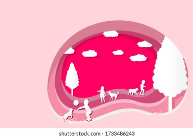 paper cut pink background, kid and dog