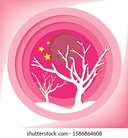 Paper cut pink background. Modern 3D, Greeting card, Paper art and Digital style, Winter snow abstract background. Vector illustration, Pink night sky