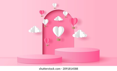 Paper cut of pink cylinder podium with heart hot air balloons and clouds for products display presentation, Valentine's Day sale concept