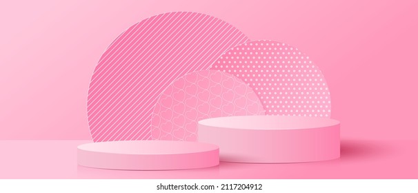 Paper cut of pink cylinder podium for products display presentation, poster, banner. Valentine's Day concept