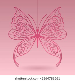 Paper cut pink decorative butterfly suspended on threads against a light rose background. Valentine greeting card. Vector illustration