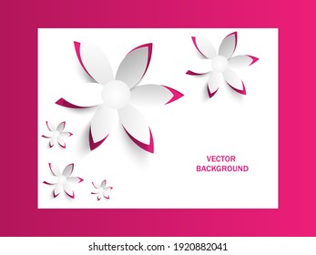 Paper cut pink flowers on white background.Happy Mothers day. Happy Womens day.Vector greeting card,invitation.,poster,banner template.Spring or summer time. Origami 3D flower