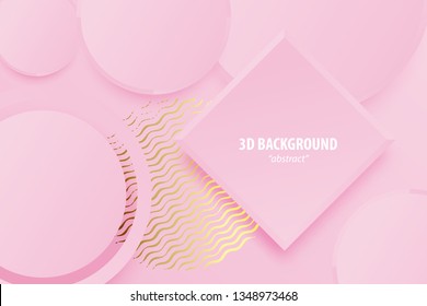 Paper cut pink rose abstract 3d web trendy background. Realistic papercut banner random square circle layers. 3d backdrop. Concept material design. Minimalist cover template. Golden color.