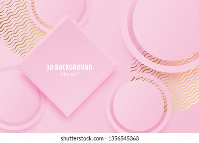Paper cut pink rose abstract 3d web trendy background. Realistic papercut banner random square circle layers. 3d backdrop. Concept material design. Minimalist cover template. Golden color.