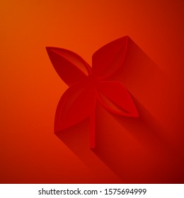 Paper cut Pinwheel icon isolated on red background. Windmill toy icon. Paper art style. Vector Illustration