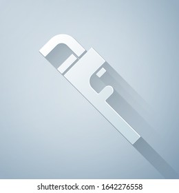 Paper cut Pipe adjustable wrench icon isolated on grey background. Paper art style. Vector Illustration