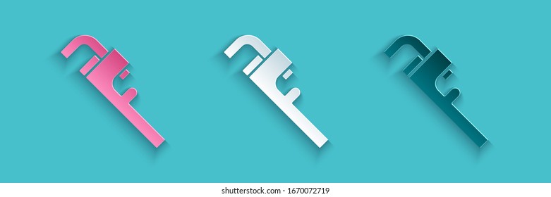 Paper cut Pipe adjustable wrench icon isolated on blue background. Paper art style. Vector Illustration