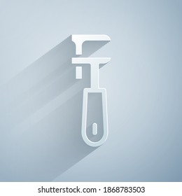 Paper cut Pipe adjustable wrench icon isolated on grey background. Paper art style. Vector