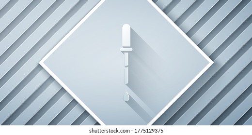 Paper cut Pipette icon isolated on grey background. Element of medical, chemistry lab equipment. Pipette with drop. Medicine symbol. Paper art style. Vector Illustration
