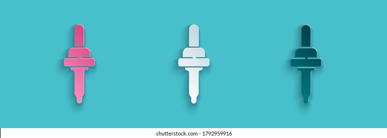 Paper cut Pipette icon isolated on blue background. Element of medical, cosmetic, chemistry lab equipment. Paper art style. Vector Illustration