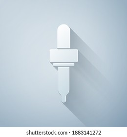 Paper cut Pipette icon isolated on grey background. Element of medical, cosmetic, chemistry lab equipment. Paper art style. Vector