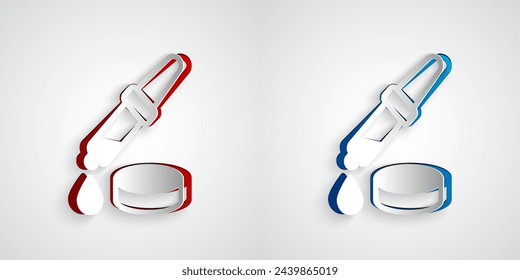 Paper cut Pipette icon isolated on grey background. Element of medical, chemistry lab equipment. Pipette with drop. Medicine symbol. Paper art style. Vector