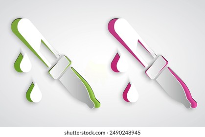 Paper cut Pipette icon isolated on grey background. Element of medical, chemistry lab equipment. Medicine symbol. Paper art style. Vector