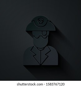 Paper cut Pirate captain icon isolated on black background. Paper art style. Vector Illustration
