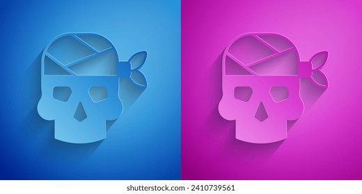 Paper cut Pirate captain icon isolated on blue and purple background. Paper art style. Vector