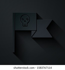 Paper cut Pirate flag with skull icon isolated on black background. Paper art style. Vector Illustration