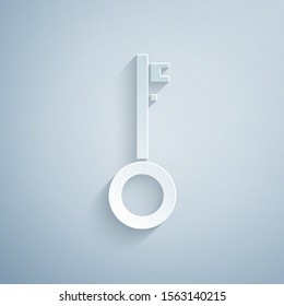 Paper cut Pirate key icon isolated on grey background. Paper art style. Vector Illustration