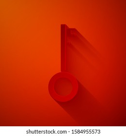 Paper cut Pirate key icon isolated on red background. Paper art style. Vector Illustration