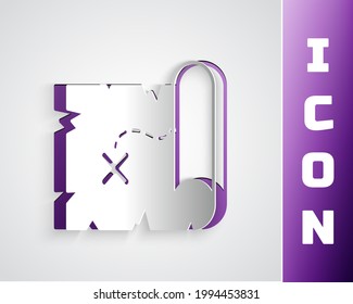 Paper cut Pirate treasure map icon isolated on grey background. Paper art style. Vector