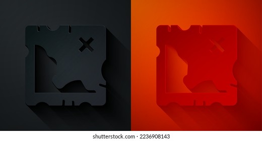 Recorte de papel Icono del mapa del tesoro pirata aislado en fondo negro y rojo. Estilo de arte de papel. Vector