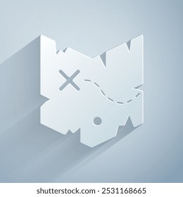 Paper cut Pirate treasure map icon isolated on grey background. Paper art style. Vector
