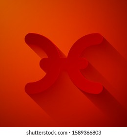 Paper cut Pisces zodiac sign icon isolated on red background. Astrological horoscope collection. Paper art style. Vector Illustration