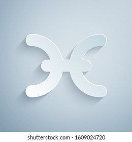 Paper cut Pisces zodiac sign icon isolated on grey background. Astrological horoscope collection. Paper art style. Vector Illustration