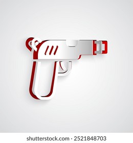Paper cut Pistol or gun icon isolated on grey background. Police or military handgun. Small firearm. Paper art style. Vector