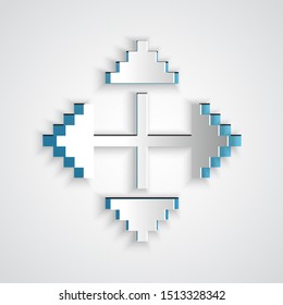 Paper cut Pixel arrows in four directions icon isolated on grey background. Cursor move sign. Paper art style. Vector Illustration