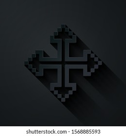 Paper cut Pixel arrows in four directions icon isolated on black background. Cursor move sign. Paper art style. Vector Illustration