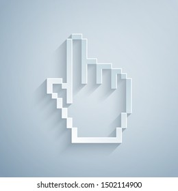 Paper cut Pixel hand cursor icon isolated on grey background. Pointer hand cursor. Paper art style. Vector Illustration