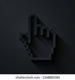 Paper cut Pixel hand cursor icon isolated on black background. Pointer hand cursor. Paper art style. Vector Illustration