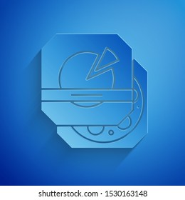 Paper cut Pizza in cardboard box icon isolated on blue background. Box with layout elements. Paper art style. Vector Illustration