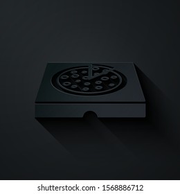 Paper cut Pizza in cardboard box icon isolated on black background. Box with layout elements. Paper art style. Vector Illustration