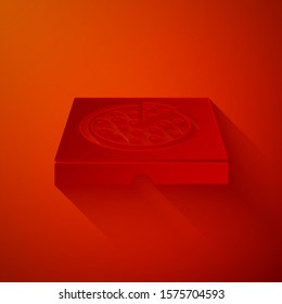 Paper cut Pizza in cardboard box icon isolated on red background. Box with layout elements. Paper art style. Vector Illustration
